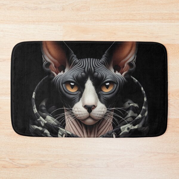 Item preview, Urban Cats #42 - Black & White Tortoiseshell Sphynx Cat wearing an urban Black camo windbreaker designed and sold by elektronen.