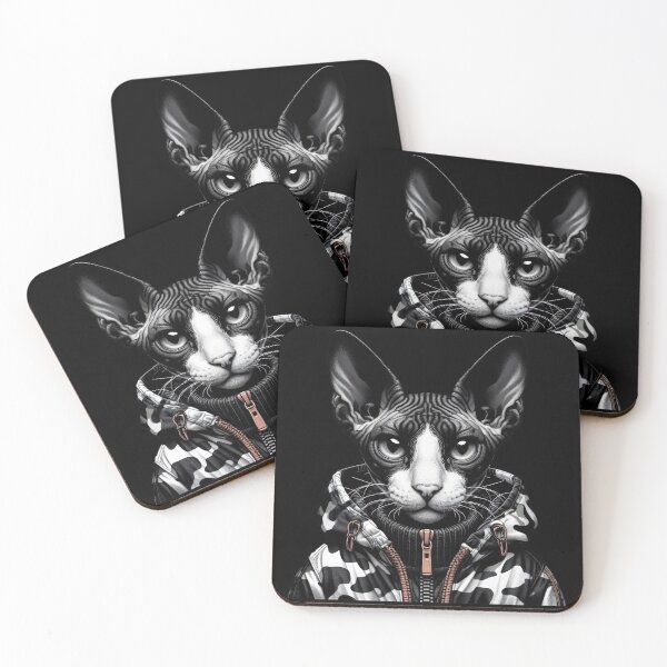 Item preview, Urban Cats #43 - Black & White Tortoiseshell Sphynx Cat wearing an urban Black camo windbreaker designed and sold by elektronen.