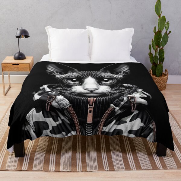 Item preview, Urban Cats #43 - Black & White Tortoiseshell Sphynx Cat wearing an urban Black camo windbreaker designed and sold by elektronen.