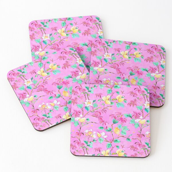 Item preview, Chinoiserie lemons and lemon flowers on preppy pink designed and sold by SophieClimaArt.