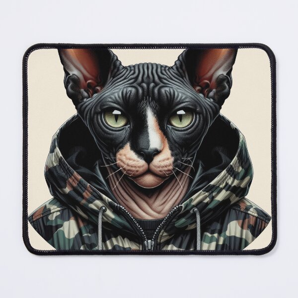 Item preview, Urban Cats #44 - Black & White Tortoiseshell Sphynx Cat wearing an urban Black camo windbreaker designed and sold by elektronen.