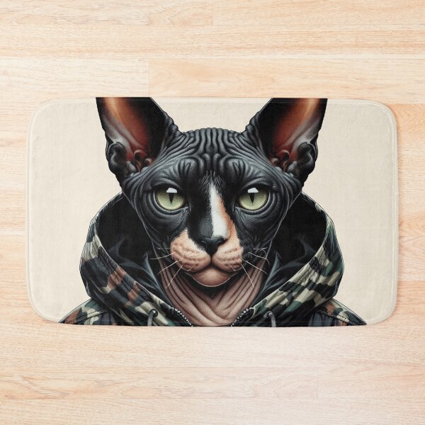 Item preview, Urban Cats #44 - Black & White Tortoiseshell Sphynx Cat wearing an urban Black camo windbreaker designed and sold by elektronen.