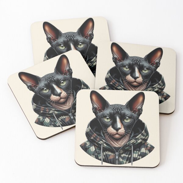 Item preview, Urban Cats #44 - Black & White Tortoiseshell Sphynx Cat wearing an urban Black camo windbreaker designed and sold by elektronen.