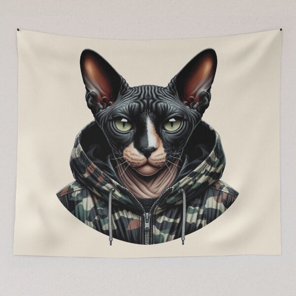 Item preview, Urban Cats #44 - Black & White Tortoiseshell Sphynx Cat wearing an urban Black camo windbreaker designed and sold by elektronen.
