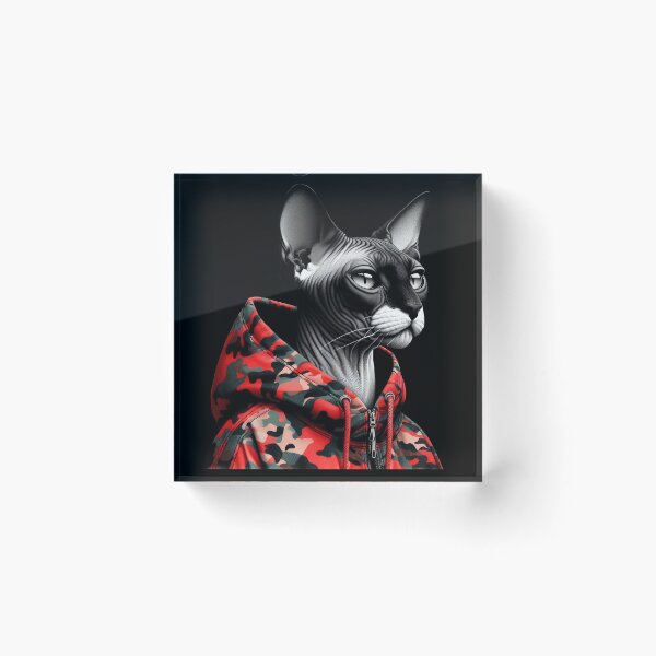 Item preview, Urban Cats #46 - Black & White Tortoiseshell Sphynx Cat wearing an urban Red camo windbreaker designed and sold by elektronen.