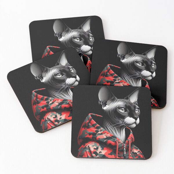 Item preview, Urban Cats #46 - Black & White Tortoiseshell Sphynx Cat wearing an urban Red camo windbreaker designed and sold by elektronen.
