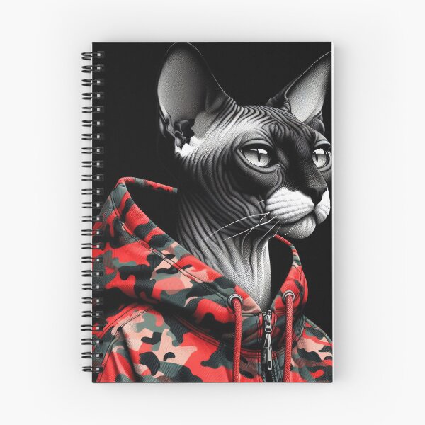 Item preview, Urban Cats #46 - Black & White Tortoiseshell Sphynx Cat wearing an urban Red camo windbreaker designed and sold by elektronen.