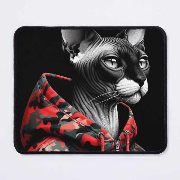 Item preview, Urban Cats #46 - Black & White Tortoiseshell Sphynx Cat wearing an urban Red camo windbreaker designed and sold by elektronen.