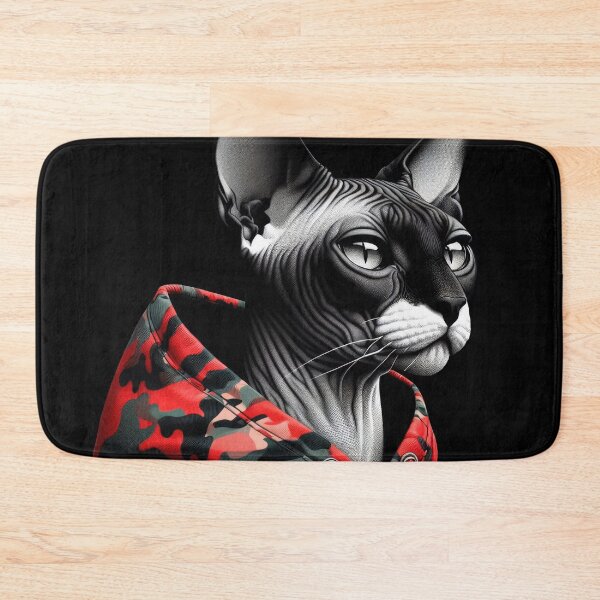 Item preview, Urban Cats #46 - Black & White Tortoiseshell Sphynx Cat wearing an urban Red camo windbreaker designed and sold by elektronen.