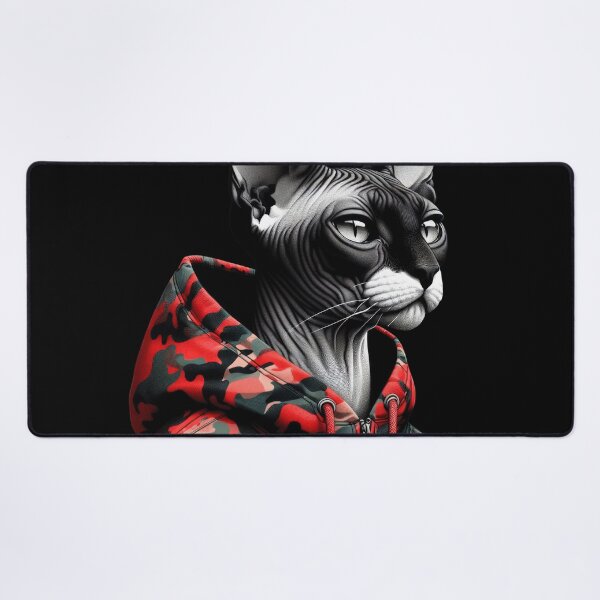 Item preview, Urban Cats #46 - Black & White Tortoiseshell Sphynx Cat wearing an urban Red camo windbreaker designed and sold by elektronen.
