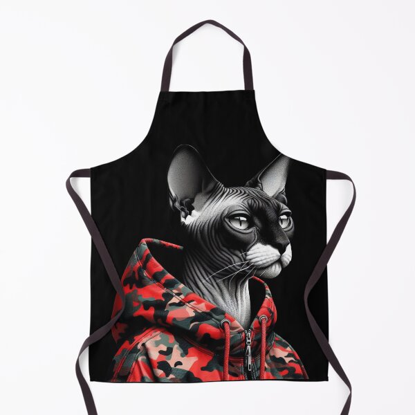 Item preview, Urban Cats #46 - Black & White Tortoiseshell Sphynx Cat wearing an urban Red camo windbreaker designed and sold by elektronen.
