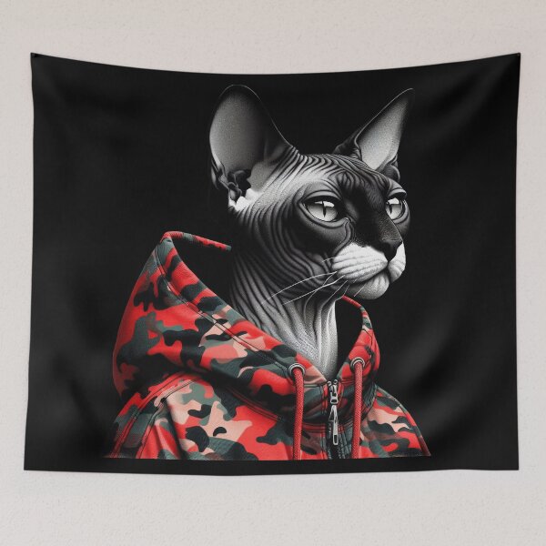 Item preview, Urban Cats #46 - Black & White Tortoiseshell Sphynx Cat wearing an urban Red camo windbreaker designed and sold by elektronen.