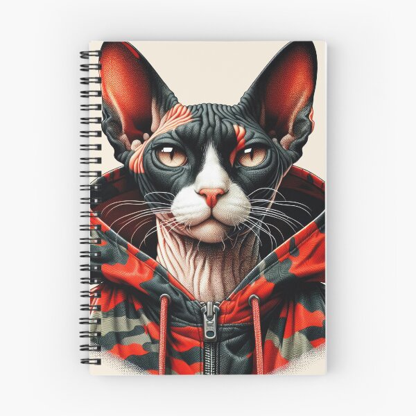 Item preview, Urban Cats #47 - Black & White Tortoiseshell Sphynx Cat wearing an urban Red camo windbreaker designed and sold by elektronen.