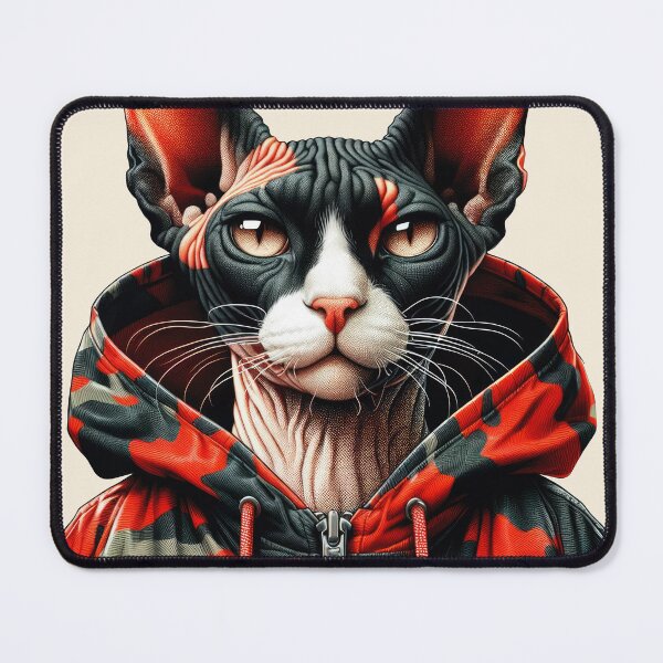 Item preview, Urban Cats #47 - Black & White Tortoiseshell Sphynx Cat wearing an urban Red camo windbreaker designed and sold by elektronen.