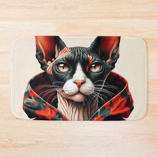 Item preview, Urban Cats #47 - Black & White Tortoiseshell Sphynx Cat wearing an urban Red camo windbreaker designed and sold by elektronen.
