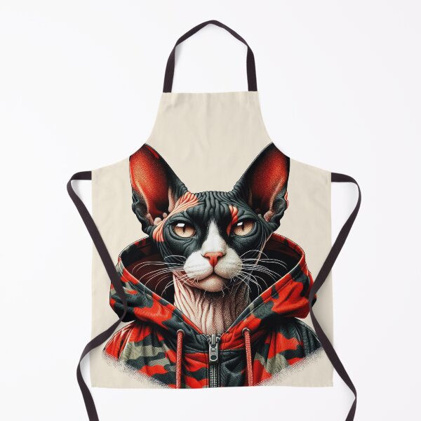 Item preview, Urban Cats #47 - Black & White Tortoiseshell Sphynx Cat wearing an urban Red camo windbreaker designed and sold by elektronen.