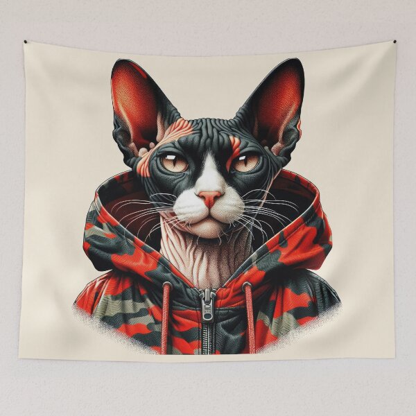Item preview, Urban Cats #47 - Black & White Tortoiseshell Sphynx Cat wearing an urban Red camo windbreaker designed and sold by elektronen.