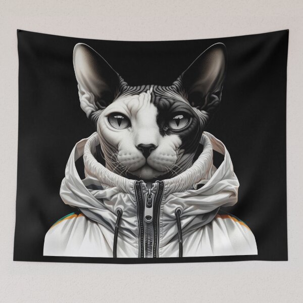 Item preview, Urban Cats #48 - Black & White Tortoiseshell Sphynx Cat wearing an urban white windbreaker designed and sold by elektronen.