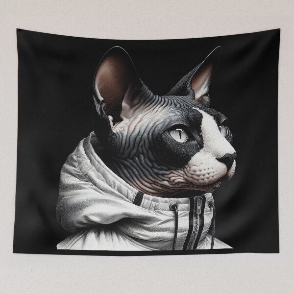 Item preview, Urban Cats #49 - Black & White Tortoiseshell Sphynx Cat wearing an urban white windbreaker designed and sold by elektronen.