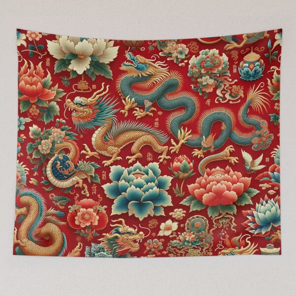 Item preview, Asian-Inspired Print with Dragons and Flowers designed and sold by PinUpPizzazz.