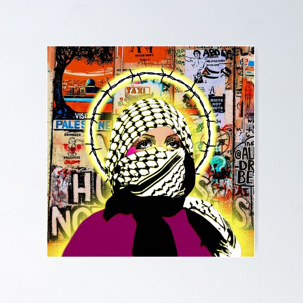 Item preview, Woman in Palestinian Keffiyeh Barbed Wire Halo Graffiti designed and sold by FairieDance.