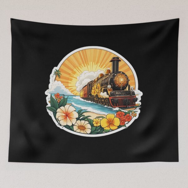 Item preview, Retro Vintage Locomotive with Waves and Hawaiian Orchids designed and sold by NautiChic.