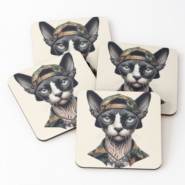 Item preview, Urban Cats #51 - Black & White Tortoiseshell Sphynx Cat wearing a camo snapback designed and sold by elektronen.