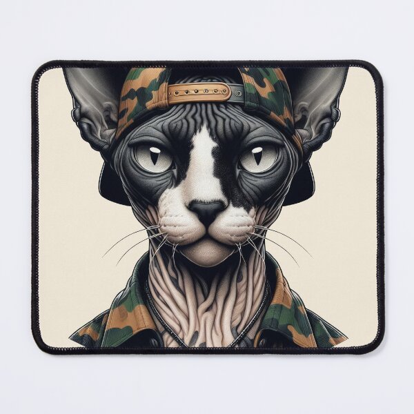 Item preview, Urban Cats #51 - Black & White Tortoiseshell Sphynx Cat wearing a camo snapback designed and sold by elektronen.