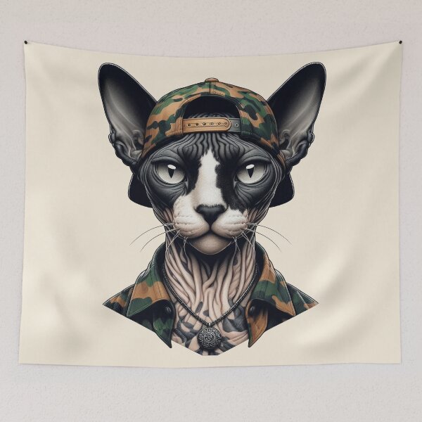 Item preview, Urban Cats #51 - Black & White Tortoiseshell Sphynx Cat wearing a camo snapback designed and sold by elektronen.
