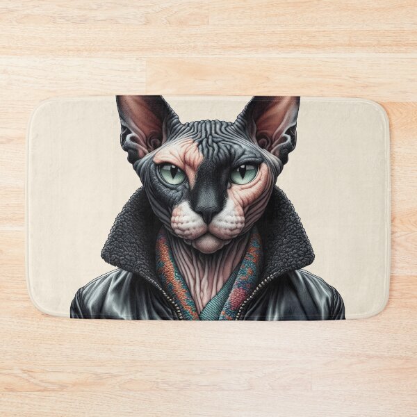 Item preview, Urban Cats #53 - Black & White Tortoiseshell Sphynx Cat wearing a leather bomber jacket designed and sold by elektronen.