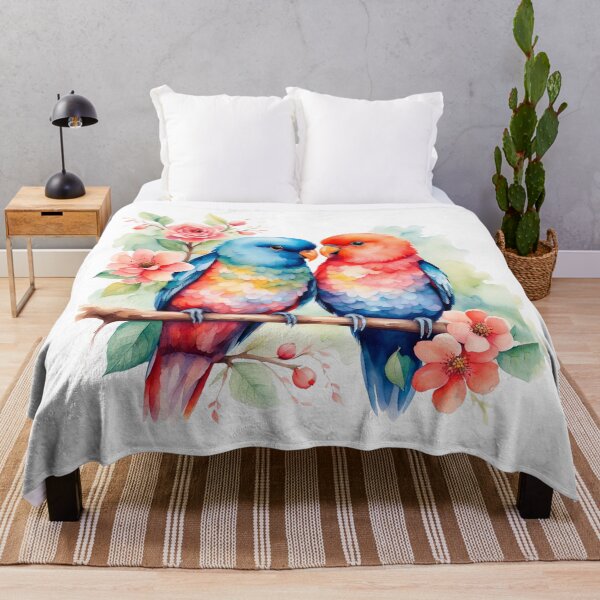 Item preview, Colorful Watercolor Cute Lovebirds on Floral Branch designed and sold by anyasevchenko.