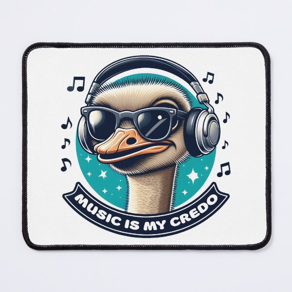 Item preview, Music is My Credo, Ostrich in Blues, Greens, and Whites designed and sold by SplashTastic.