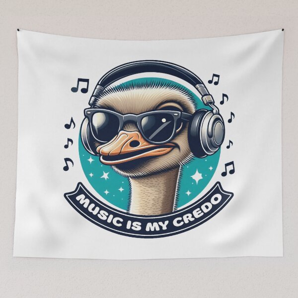 Item preview, Music is My Credo, Ostrich in Blues, Greens, and Whites designed and sold by SplashTastic.