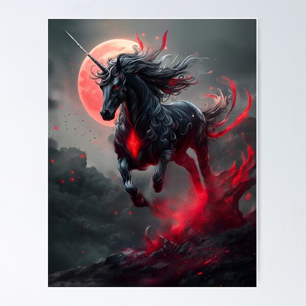 アート・デザイン・音楽 UNICORN SONGBOOK Jumping Black Unicorn with Red Eyes, Ai Generated Art