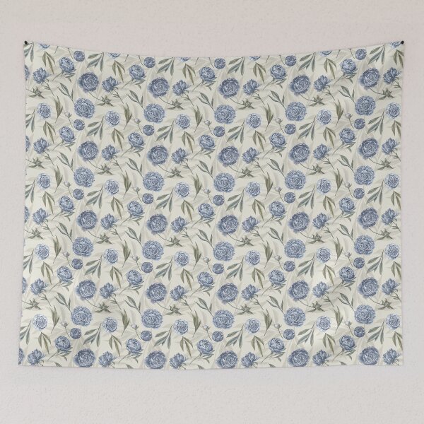Item preview, Watercolor indigo blue Peonies and translucent leaves pattern with yellow background. designed and sold by NadyaSaen.