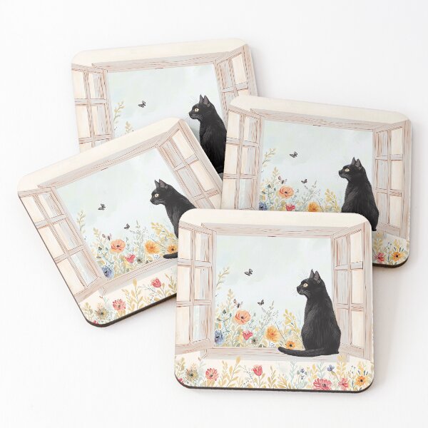 Item preview, Black Cat Print Open Window Cat Art Floral designed and sold by Peek-Designs.