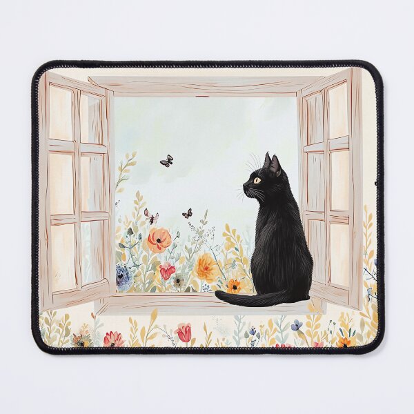 Item preview, Black Cat Print Open Window Cat Art Floral designed and sold by Peek-Designs.