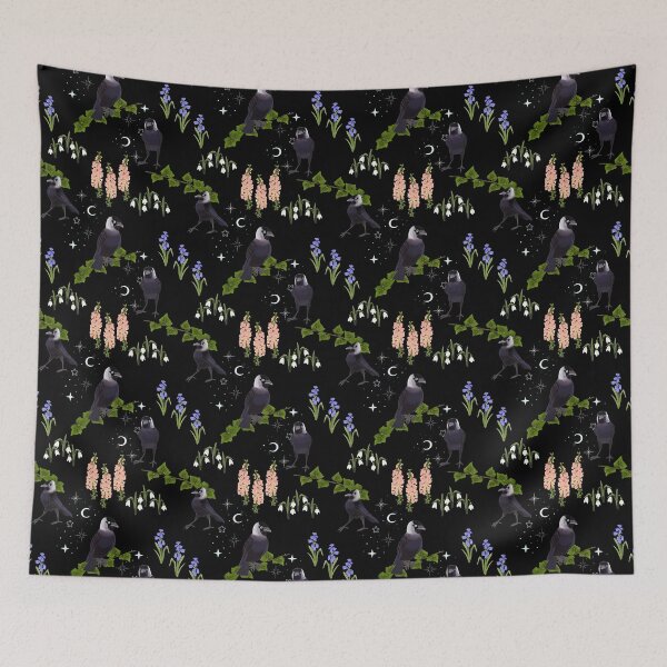 Item preview, Mystic Jackdaw, a pattern layered with flowers, moon and stars. Black designed and sold by Naty Design Prague.