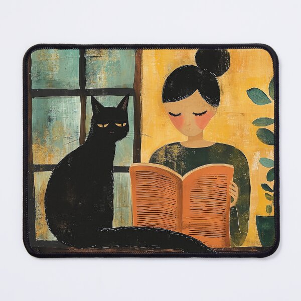 Item preview, Black Cat Print Reading Woman With Black Cat Art designed and sold by Peek-Designs.