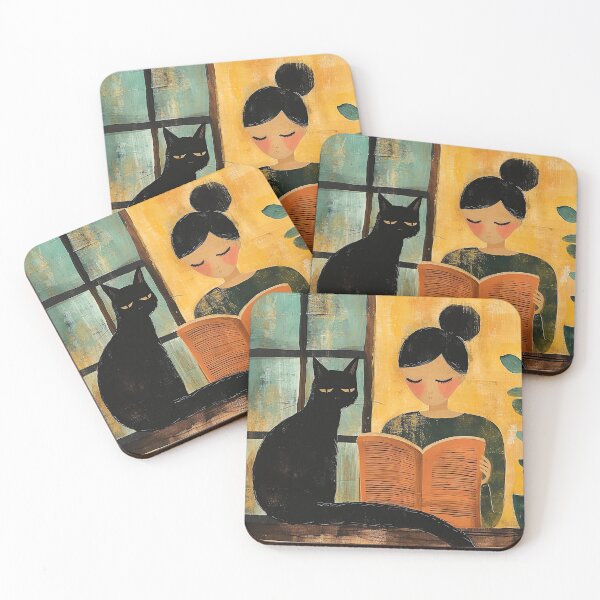 Item preview, Black Cat Print Reading Woman With Black Cat Art designed and sold by Peek-Designs.