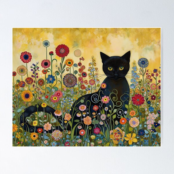 Aperçu de l'œuvre Gustav Klimt Jardin Chat Impression Klimt Fleurs Chat créée et vendue par Peek-Designs.