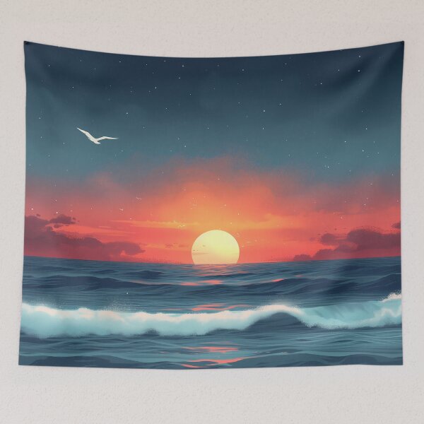 Item preview, Retro Dawn Reflections: Dark Cyan & Red Seascape Collection designed and sold by EcoMinimalArt.