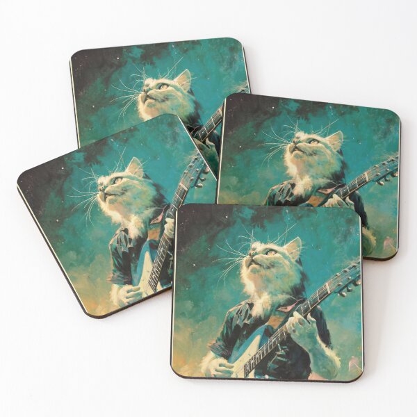 Item preview, Cat Guitarist From Fictional Band Called Cat-astrophy Rock Metal Band Funny Vintage Retro Distressed Painting designed and sold by PrintShangri-La.