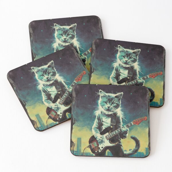 Item preview, Cat Guitarist From Fictional Band Called Cat-astrophy Rock Metal Band Funny Vintage Retro Distressed Painting designed and sold by PrintShangri-La.