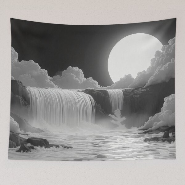 Item preview, Moonlit Cascade: Serenity of a Black and White Waterfall and Moon designed and sold by EcoMinimalArt.