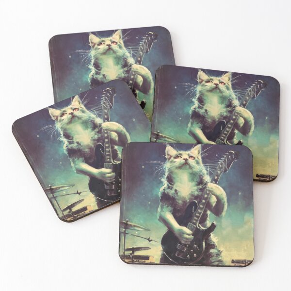 Item preview, Cat Guitarist From Fictional Band Called Cat-astrophy Rock Metal Band Funny Vintage Retro Distressed Painting designed and sold by PrintShangri-La.