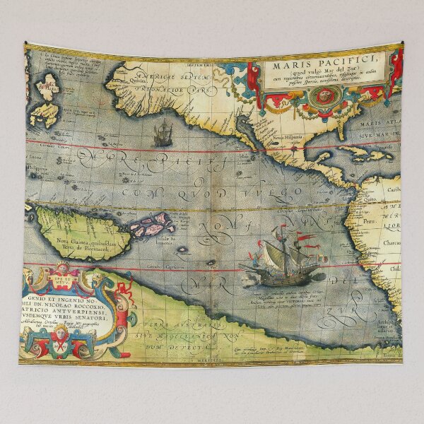 Item preview, Magellans ship Victoria in Antique Nautical Map Pacific Ocean 1589 designed and sold by BulganLumini.