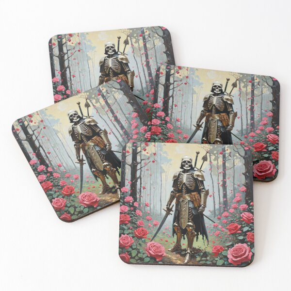 Item preview, A fighter skeleton model is holding a sword in the middle of the forest with roses around it with a cartoon designed and sold by relaxbito.