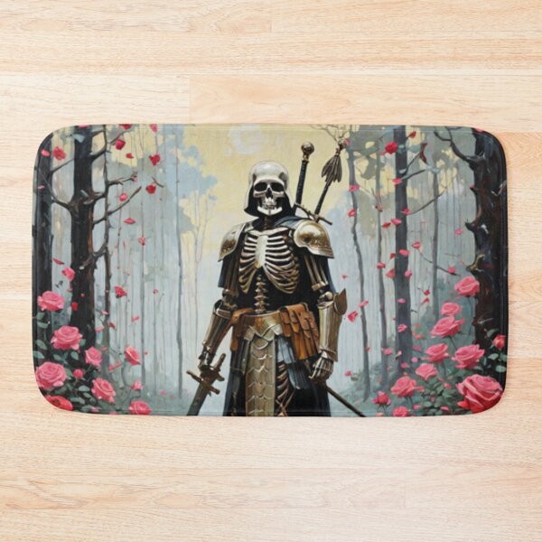 Item preview, A fighter skeleton model is holding a sword in the middle of the forest with roses around it with a cartoon designed and sold by relaxbito.