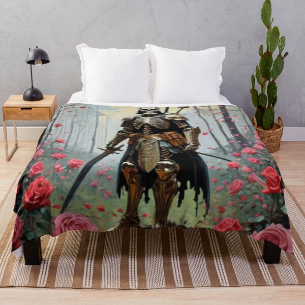 Item preview, A fighter skeleton model is holding a sword in the middle of the forest with roses around it with a cartoon designed and sold by relaxbito.